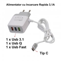 Incarcator Fast Tip C - Max 3,1A cu 3 x Usb 3.1 - Usb Q - Usb Fast Incarcator Fast Tip C - Max 3,1A cu 3 x Usb 3.1 - Usb Q - Usb Fast