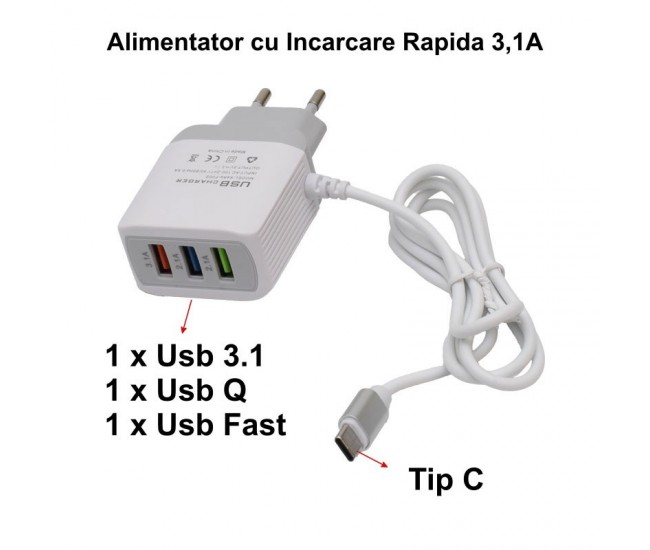 Incarcator Fast Tip C - Max 3,1A cu 3 x Usb 3.1 - Usb Q - Usb Fast