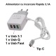 Incarcator Fast Tip C - Max 3,1A cu 3 x Usb 3.1 - Usb Q - Usb Fast