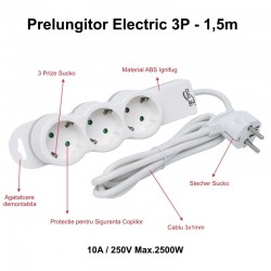 Prelungitor Electric 3 Prize si Protectie Copii, Cablu 3x1mm / 1,5m Prelungitor Electric 3 Prize si Protectie Copii, Cablu 3x1mm / 1,5m