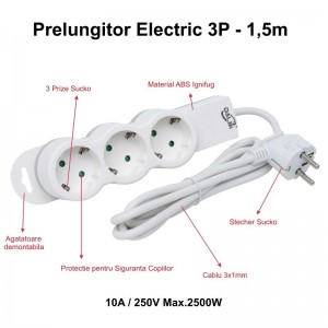 Prelungitor Electric 3 Prize si Protectie Copii, Cablu 3x1mm / 1,5m