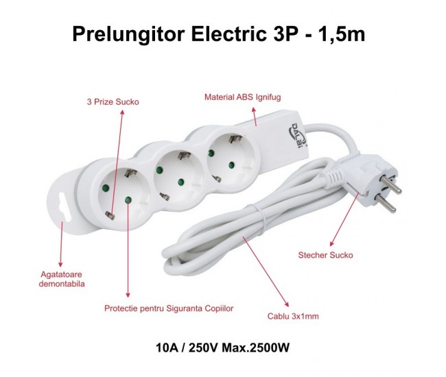 Prelungitor Electric 3 Prize si Protectie Copii, Cablu 3x1mm / 1,5m