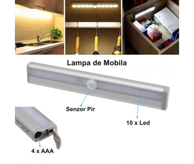 Lampa de Mobila cu 10 Led si Senzor - 4 x AAA