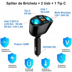 Spliter Bricheta Auto 2 Prize / 2 USB + 1 Tip C / M7 Spliter Bricheta Auto 2 Prize / 2 USB + 1 Tip C / M7