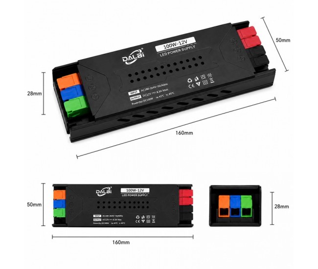 Sursa Alimentare LED 12V 100W 8.3A Slim cu Conectare Rapida Push-In, Carcasa Aluminiu DALBI