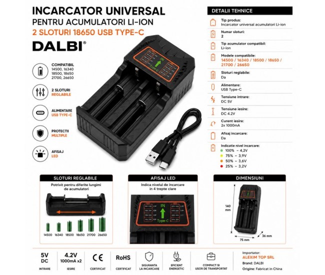 Incarcator Universal pentru Acumulatori Li-ion 2 Sloturi 18650 USB Type-C DALBI