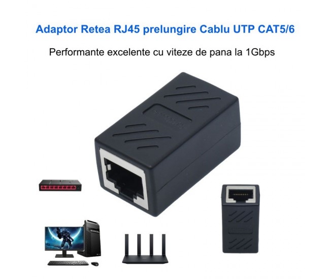 Adaptor RJ45 UTP mama - mama Negru CAT5/6 - cupla retea Ethernet