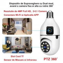 Camera de Supraveghere cu IP, Dual View PTZ 360˚ si Fixa - E27 / V380 Pro