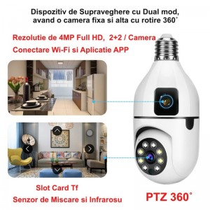 Camera de Supraveghere cu IP, Dual View PTZ 360˚ si Fixa - E27 / V380 Pro