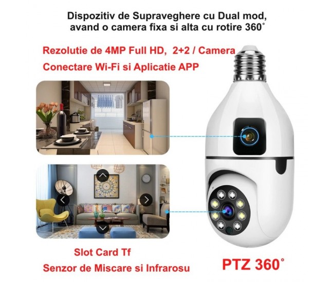 Camera de Supraveghere cu IP, Dual View PTZ 360˚ si Fixa - E27 / V380 Pro