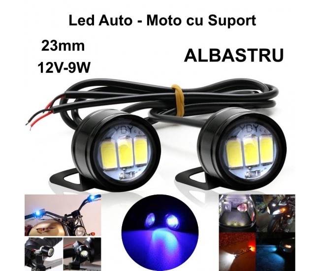 Led Auto 23mm cu Suport / 12V - 9W / ALBASTRU, 2 Buc/Set