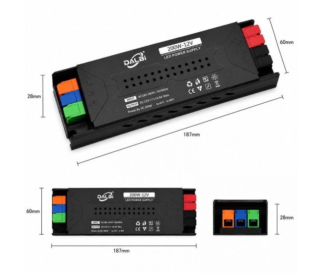 Sursa Alimentare LED 12V 200W 16.6A Slim cu Conectare Rapida Push-In, Carcasa Aluminiu DALBI