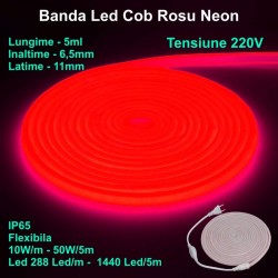 Banda Led Cob Rosu Intens Neon Flex - 288led/m - IP65 / 220V - 10W/ml / Rola 5ml