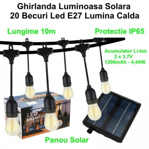 Ghirlanda Luminoasa cu Incarcare Solara, 10 metri cu 20 Becuri Led E27 Lumina Calda