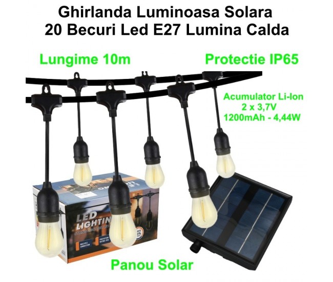 Ghirlanda Luminoasa cu Incarcare Solara, 10 metri cu 20 Becuri Led E27 Lumina Calda