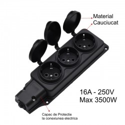 Cap de Prelungitor cu 3 Prize si Capac din Cauciuc, 3500W Cap de Prelungitor cu 3 Prize si Capac din Cauciuc, 3500W