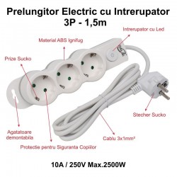 Prelungitor Electric cu Intrerupator, 3 Prize si Protectie Copii, Cablu 3x1mm / 1,5m Prelungitor Electric cu Intrerupator, 3 Prize si Protectie Copii, Cablu 3x1mm / 1,5m