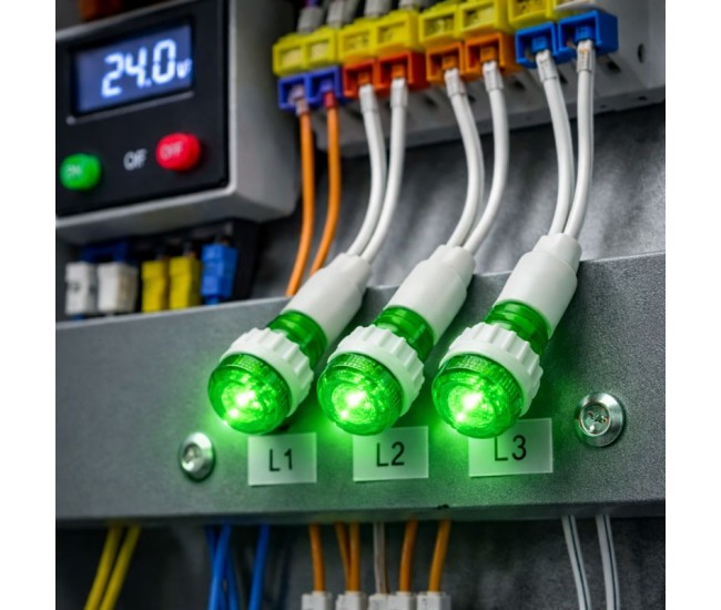 Indicator LED Verde 24V DC Panou 9,5mm cu Fire 20cm Set 10 Bucati