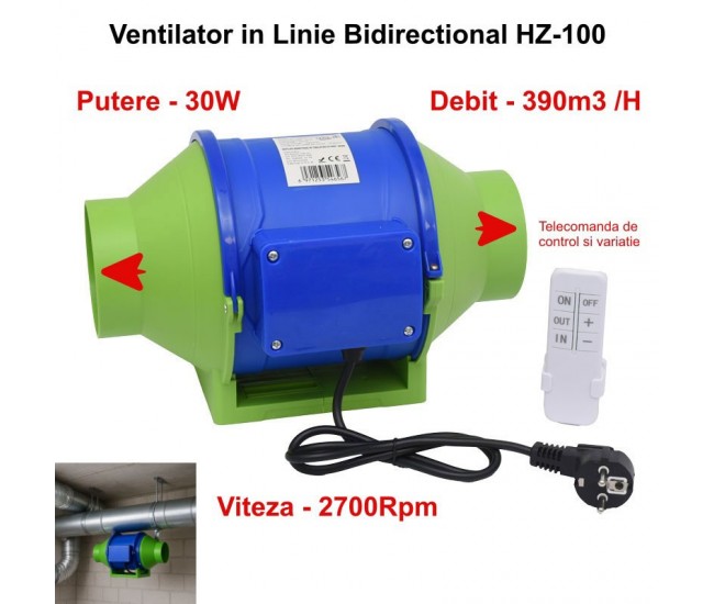 Ventilator Booster 4'' ( 100mm ) in linie bidirectional, cu Telecomanda - Montaj pe Tubulatura HZ-100H
