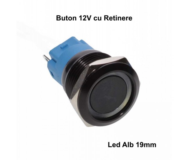 Push Buton Negru 19mm/Retinere cu Led Alb