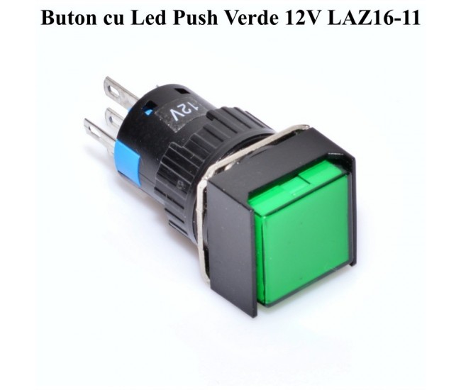 Push Buton Patrat Verde 12V - 16mm