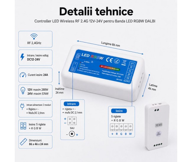 Controller LED Wireless RF 2.4G 12V-24V pentru Banda LED RGB RGBW DALBI