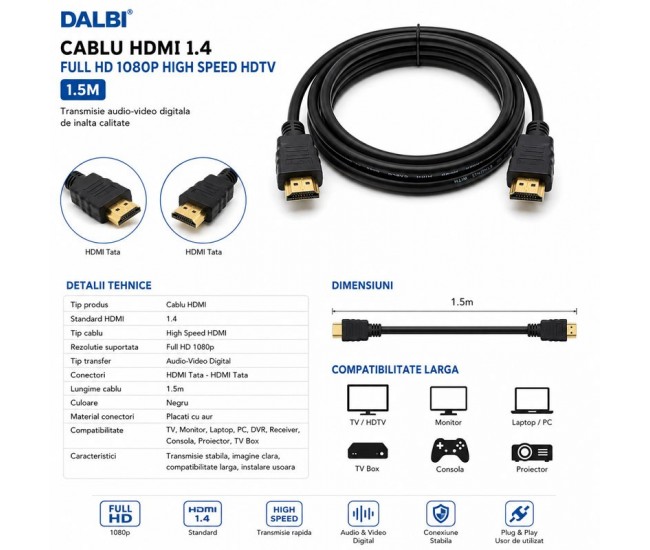 Cablu HDMI 1.4 Full HD 1080p High Speed HDTV 1.5m DALBI
