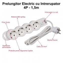 Prelungitor Electric cu Intrerupator, 4 Prize si Protectie Copii, Cablu 3x1mm / 1,5m Prelungitor Electric cu Intrerupator, 4 Prize si Protectie Copii, Cablu 3x1mm / 1,5m
