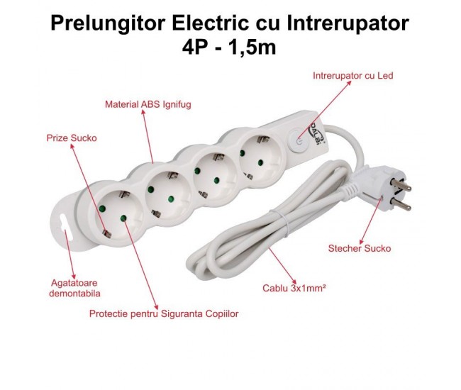 Prelungitor Electric cu Intrerupator, 4 Prize si Protectie Copii, Cablu 3x1mm / 1,5m