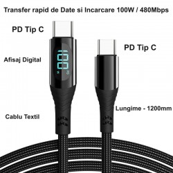 Cablu PD 100W  - Tip C cu Afisaj Digital 480Mbps / 1,2m Cablu PD 100W  - Tip C cu Afisaj Digital 480Mbps / 1,2m