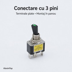 Intrerupator cu Maneta si LED Verde 12V 30A, ON/OFF, 3 Pini