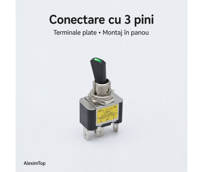 Intrerupator cu Maneta si LED Verde 12V 30A, ON/OFF, 3 Pini