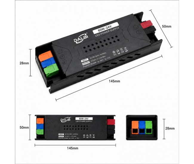 Sursa Alimentare LED 24V 60W 2.5A Slim cu Conectare Rapida Push-In DALBI