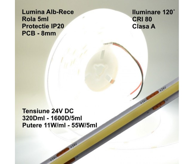 Banda Cob Led 24V - 8MM / 320led/ml - 11W/ml, Lumina Alb-Rece 6500K - 1200lm - Interior IP20 - 5m/rol