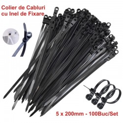 Colier de Plastic Negru 5 x 200mm, cu Cap Montabil - 100b/Set Colier de Plastic Negru 5 x 200mm, cu Cap Montabil - 100b/Set