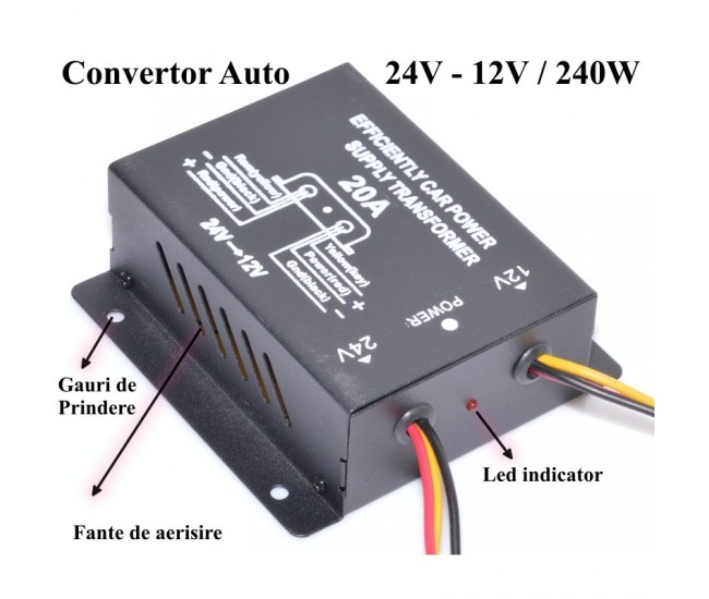 Convertor Auto de Tensiune 24V-12V DC/20A