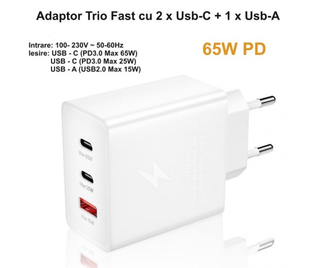 Incarcator Rapid 65W PD Trio, 2 x Tip C + Usb 2.0