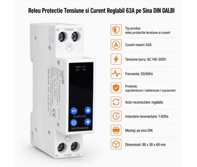Releu Protectie Tensiune si Curent Reglabil 63A pe Sina DIN DALBI