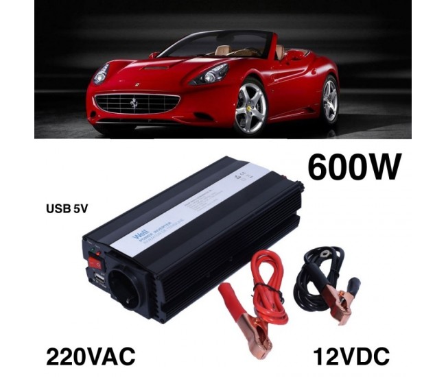 Invertor Auto 600W, 12V-220V + USB