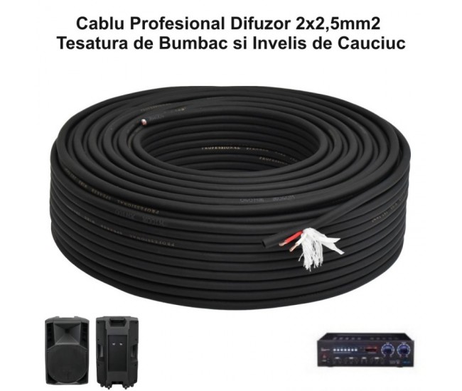 Cablu Audio Prof Rotund 2x2,5mm2 cu Bumbac / 8mm - 100m/Rol