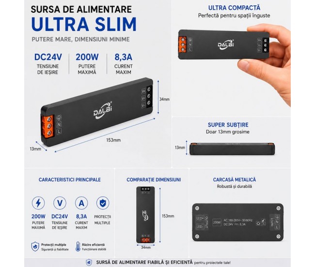 Sursa Alimentare LED 24V 200W 8A Ultra Slim 13mm DALBI