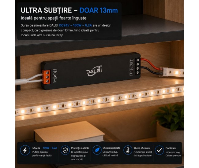 Sursa Alimentare LED 24V 150W 6,2A Ultra Slim 13mm DALBI