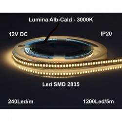 Banda Led 12V Interior IP20- 240led/m, Alb-Cald 3000K, Rola/5m Banda Led 12V Interior IP20- 240led/m, Alb-Cald 3000K, Rola/5m