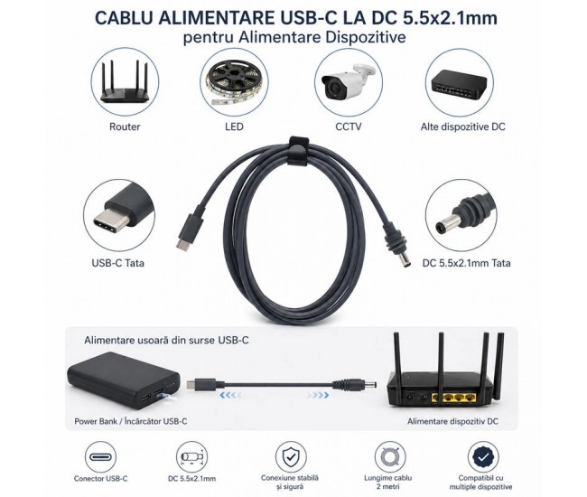 Cablu Alimentare USB-C Tata la DC 5.5x2.1mm pentru Router, LED si CCTV 2m
