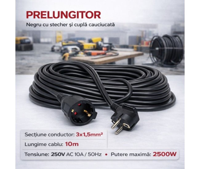 Prelungitor negru 3x1,5mm², lungime 10m, cu stecher si cupla cauciucata, 250V AC 10A, 2500W