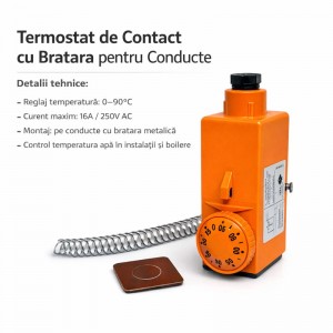 Termostat de Contact cu Brățară pentru Conducte, Reglaj 20-90°C, Control Pompă Recirculare
