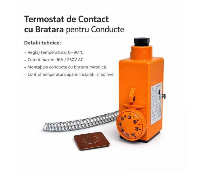 Termostat de Contact cu Brățară pentru Conducte, Reglaj 20-90°C, Control Pompă Recirculare