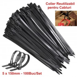 Colier de Plastic Reutilizabil 5x150mm Negru  - 100Buc/Set Colier de Plastic Reutilizabil 5x150mm Negru  - 100Buc/Set
