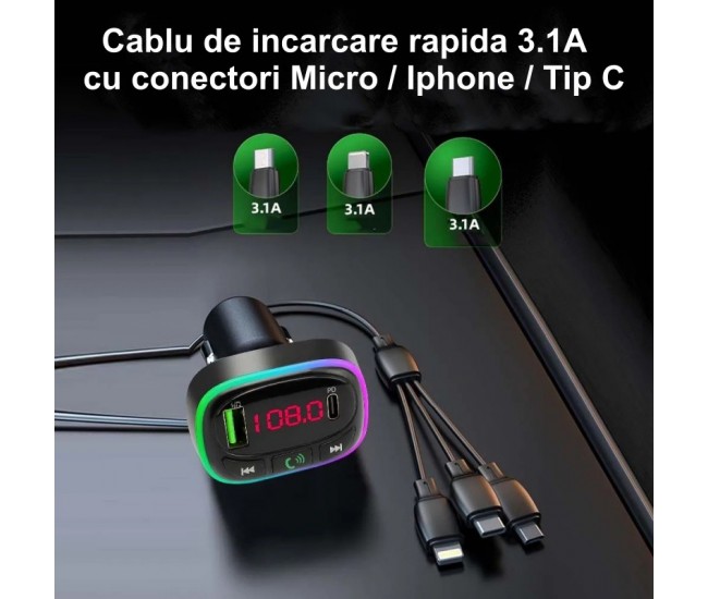 Modulator FM Auto cu Bluetooth 5.0 / MP3 Player Multifunctional HM15