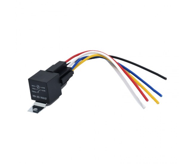 Releu Auto 12V 40A cu 5 Pini, Soclu si Fire de 16 cm